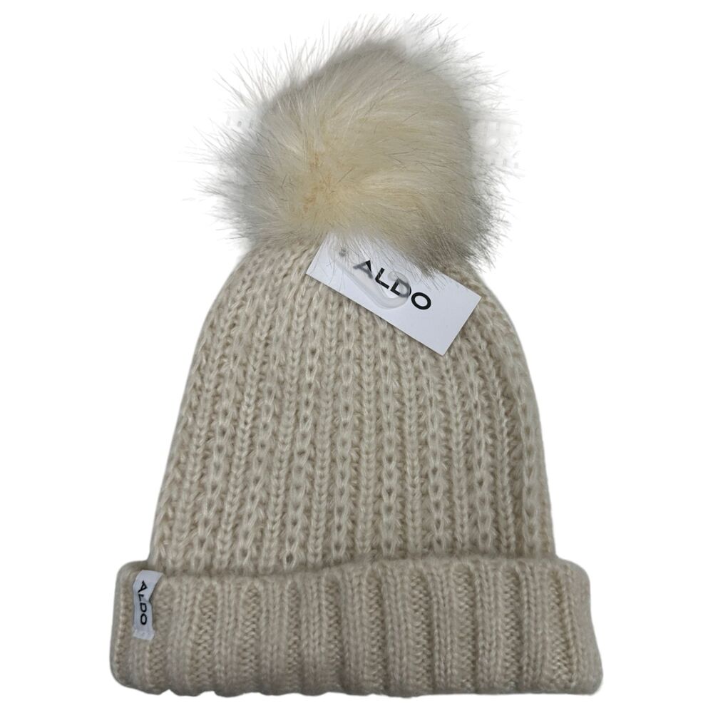 Aldo Cream Puff Ball Fuzzy Cable Knit Beanie One Size NEW with Tags